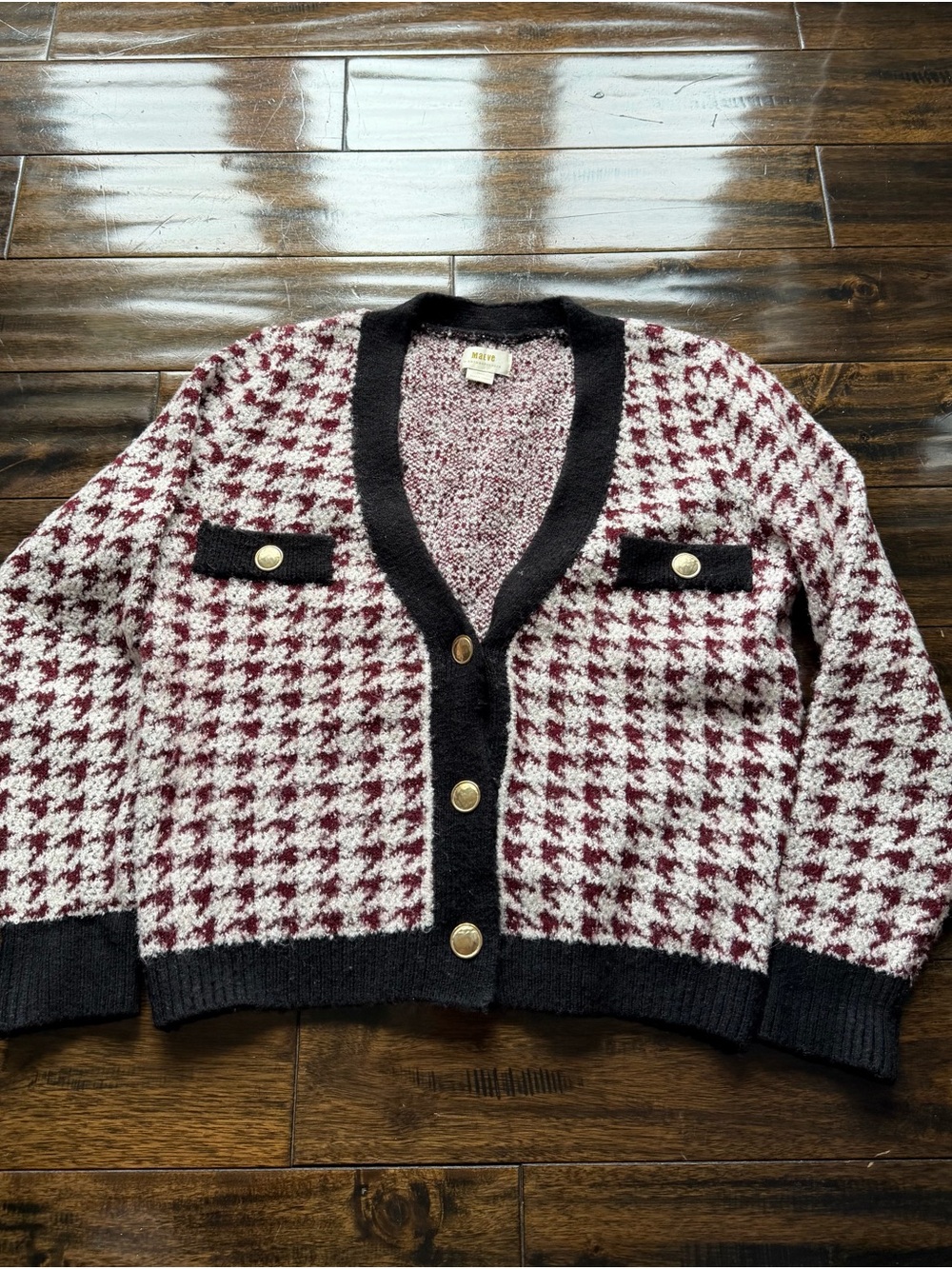 Anthropologie Maeve Burgundy and White Houndstooth Button-Front Cardigan